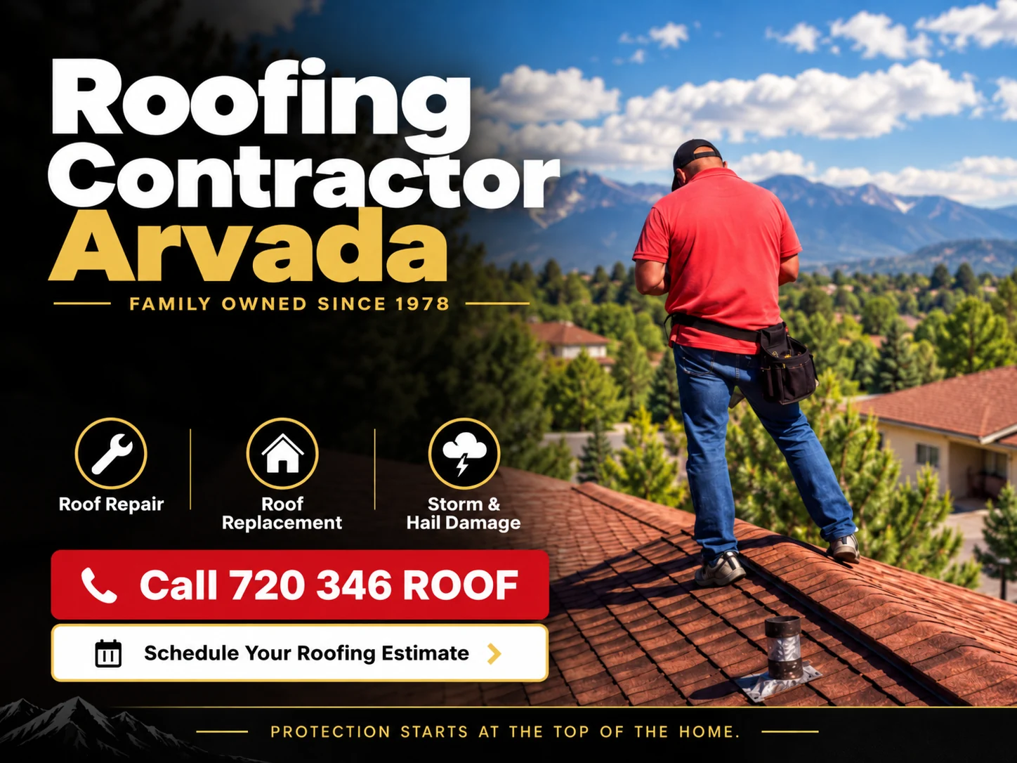 Roofing Contractor Arvada Colorado poster showing residential roof inspection, roof repair, roof replacement and storm damage assistance by Ernie's Roofing, family owned since 1978